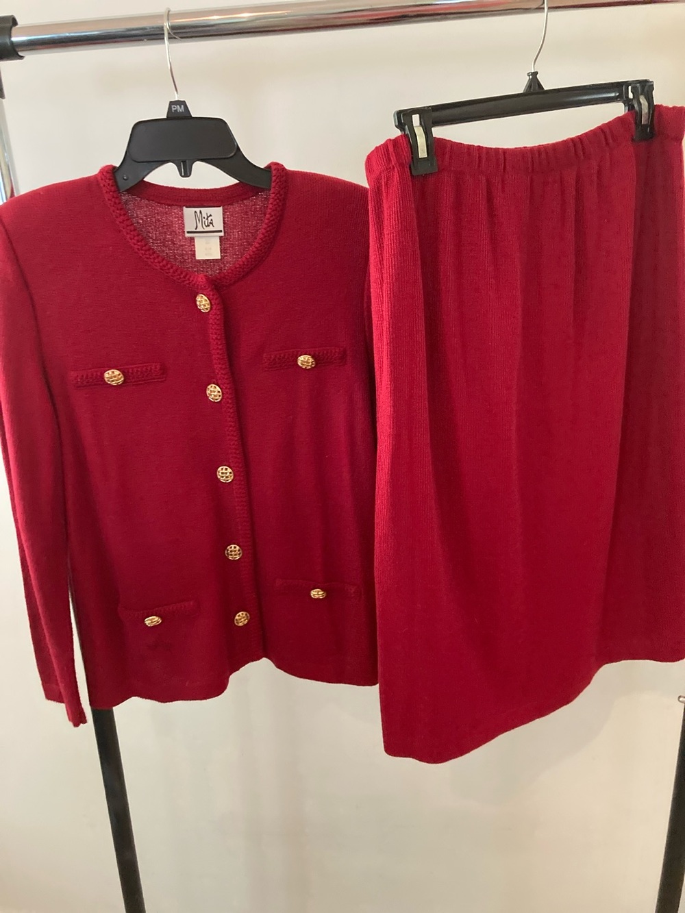 Mila Red Knit Skirt Set with Gold Buttons